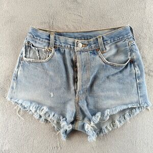 Vintage Y2K Levis 501 Jean Shorts Fits 28 Blue Light Wash Distressed Cut Off